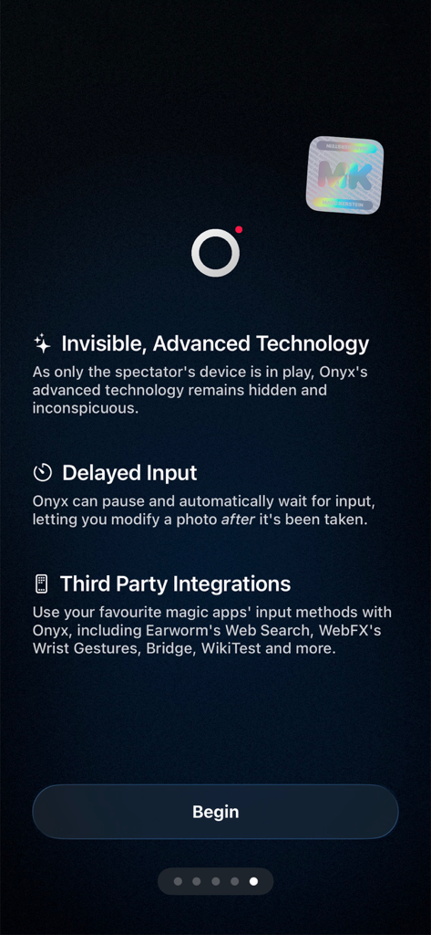 Onyx Magic - Pantalla de incorporación de la aplicación Onyx Magic que muestra funciones como entrada retrasada e integraciones de terceros