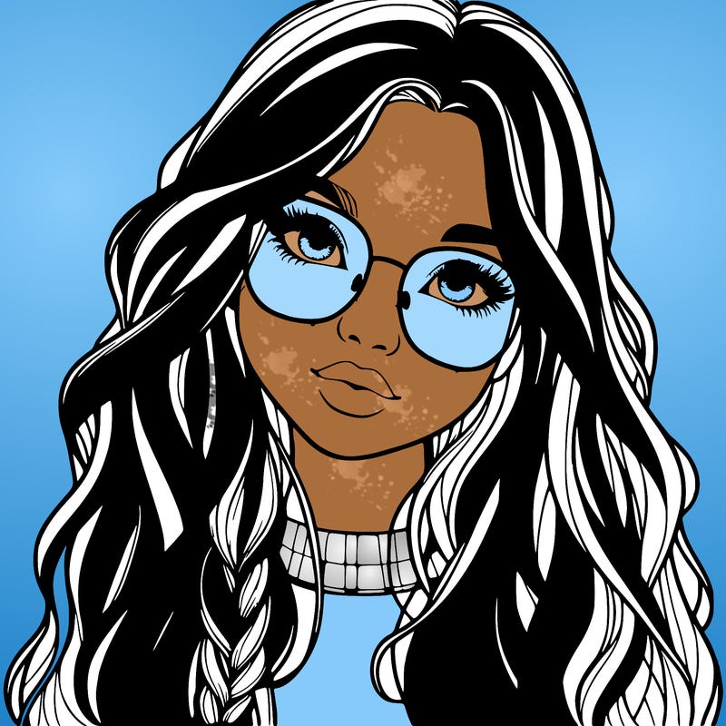 girl with long hair and freckles and glasses realistic