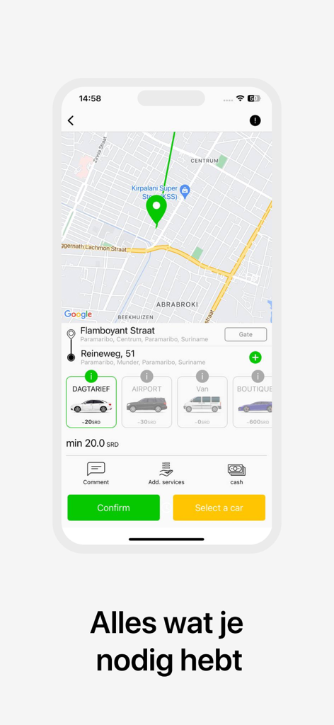 Interfaz de la aplicación Hertog Taxi mostrando opciones de reserva de viajes, tipos de vehículos y mapa en Paramaribo