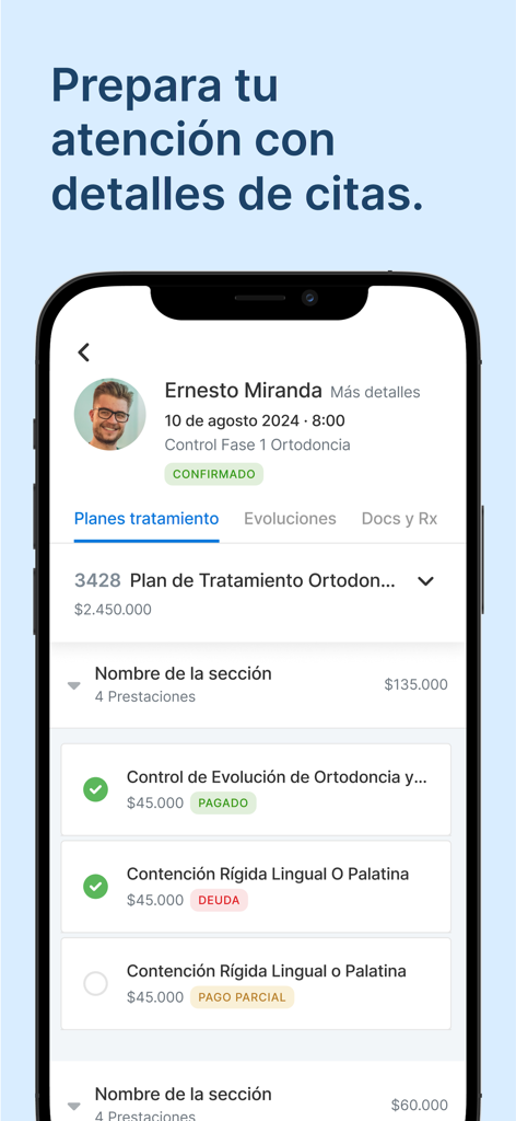 Healthatom: Dentalink Medilink - Écran d'application mobile affichant les informations de rendez-vous du patient et les plans de traitement orthodontique avec les statuts de paiement.