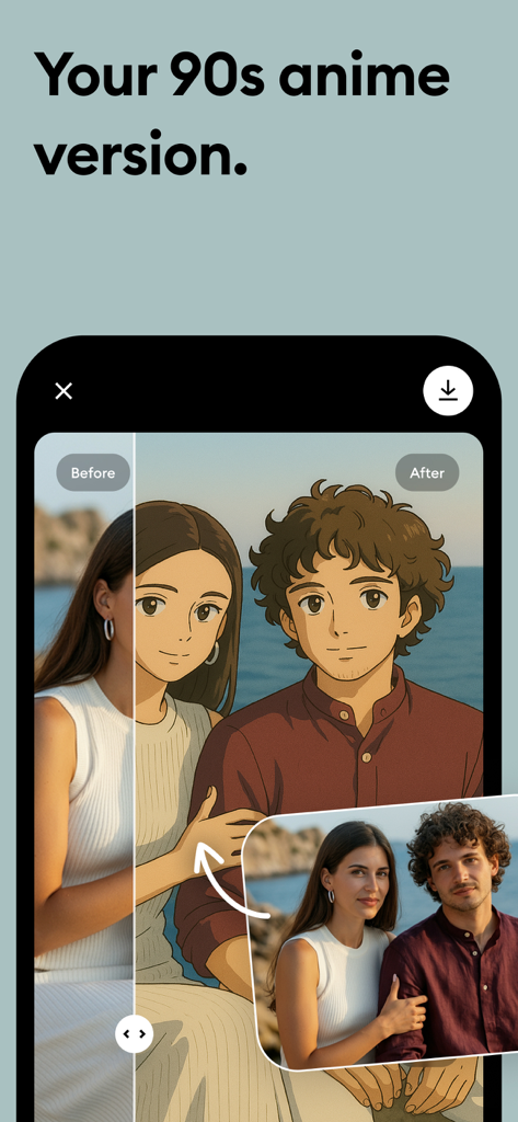 Before and after comparison of a photo turned into 90s anime style using Remini