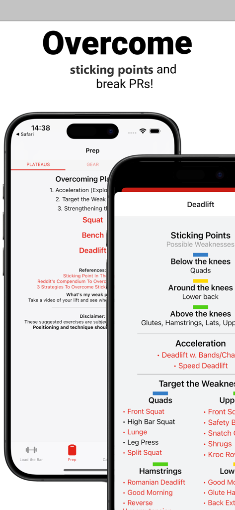 Bar Is Loaded - Gym Calculator - Bar Is Loaded app interface showing how to overcome deadlift sticking points with specific exercise recommendations.