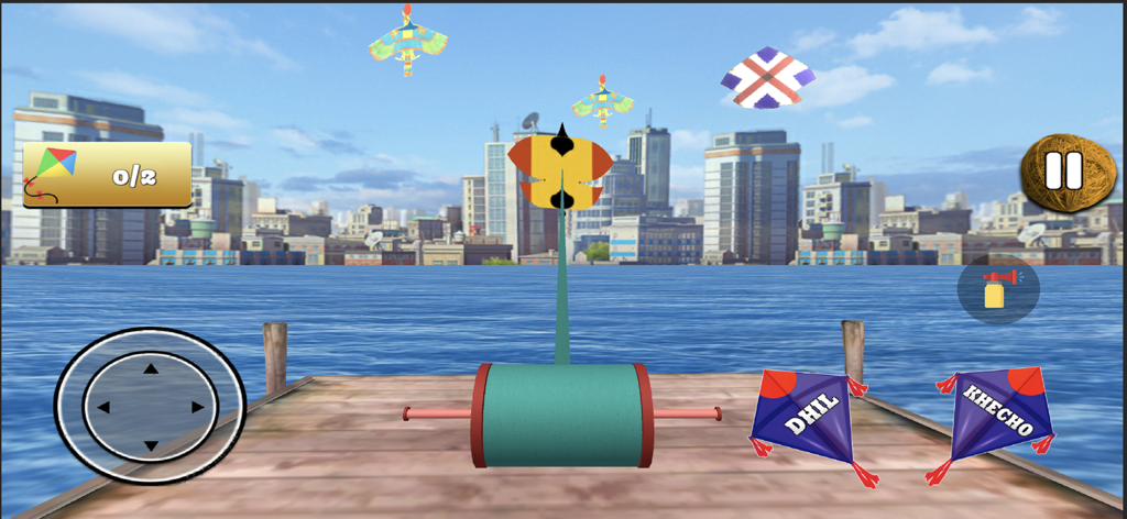 Pipa Combate 3D - Beach Kite - A 3D kite flying game interface showing colorful kites in the sky over a city waterfront with Dhil and Khecho controls.