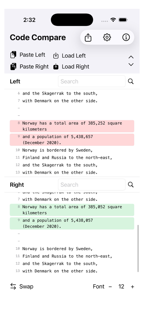 CodeDiff+ - Interface de l'application CodeDiff plus montrant une comparaison empilée de deux fichiers texte avec des surlignages rouges et verts indiquant les différences.