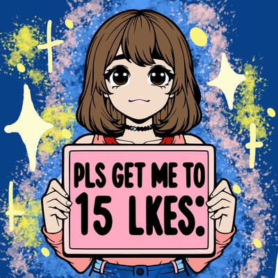realistic girl holding up a sign that says “pls get me to 15 likes!”