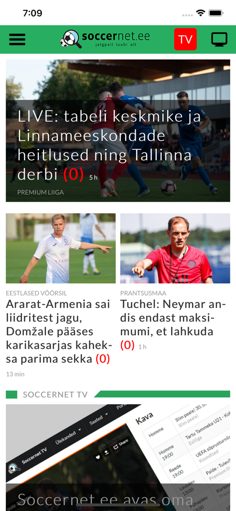 Soccernet.ee - Interface de l'application mobile Soccernet ee affichant des nouvelles de football et des mises à jour de matchs en direct