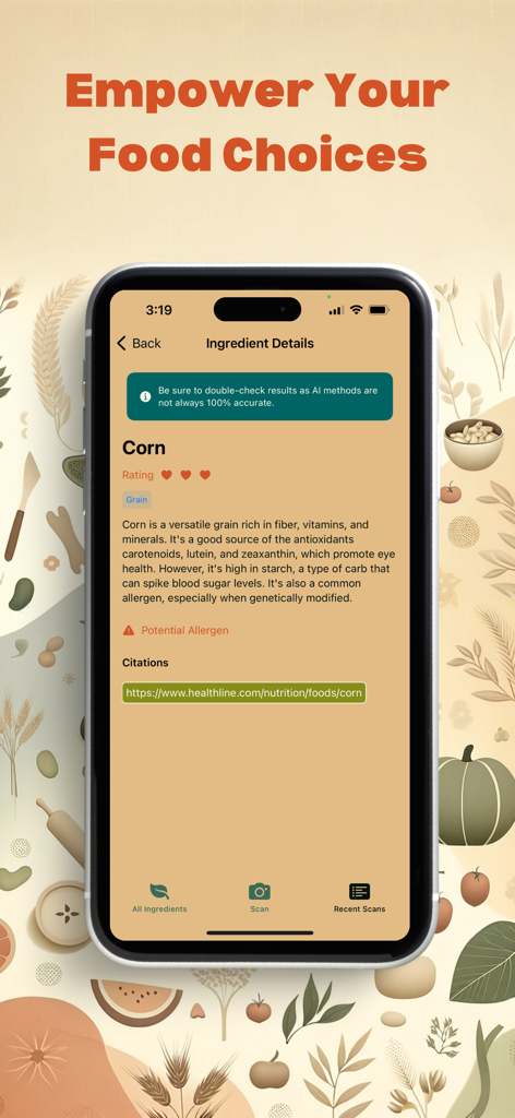 ScanGredients - ScanGredients app displaying detailed health analysis and allergen warnings for food ingredients