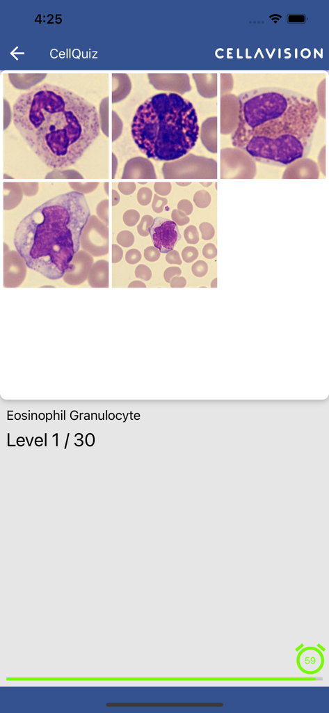 CellAtlas - CellAtlas app CellQuiz screen showing microscopic images for identifying an Eosinophil Granulocyte