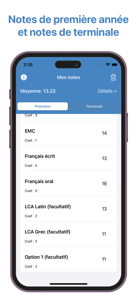 Simulateur de moyenne au Bac - Interfaz del simulador del Bachillerato francés que muestra una lista de calificaciones y el promedio calculado