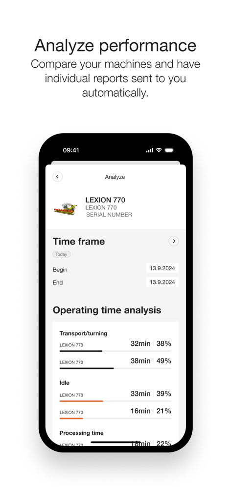CLAAS connect - CLAAS connect mobile App-Bildschirm mit Leistungs- und Betriebszeit-Analyse für eine LEXION 770 Maschine.