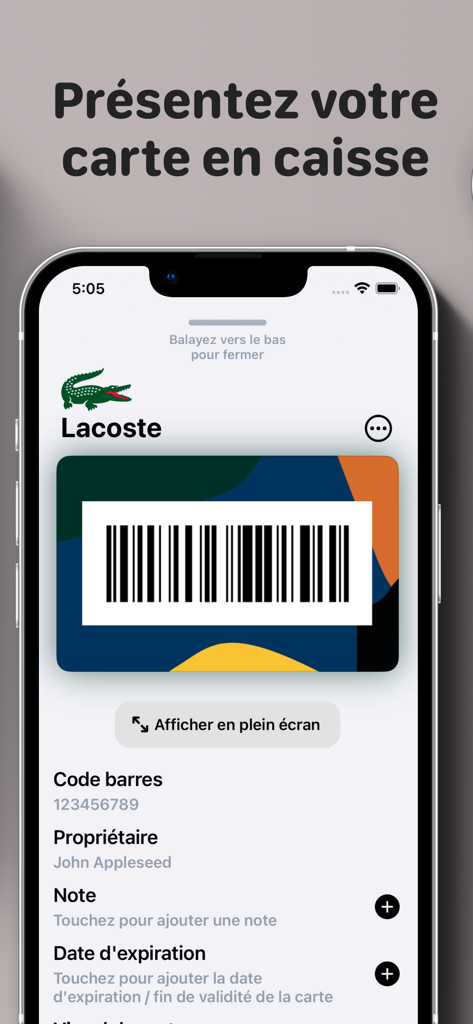 iPhone-Bildschirm, der eine Lacoste-Kundenkarte mit einem Barcode zum Scannen an der Kasse anzeigt