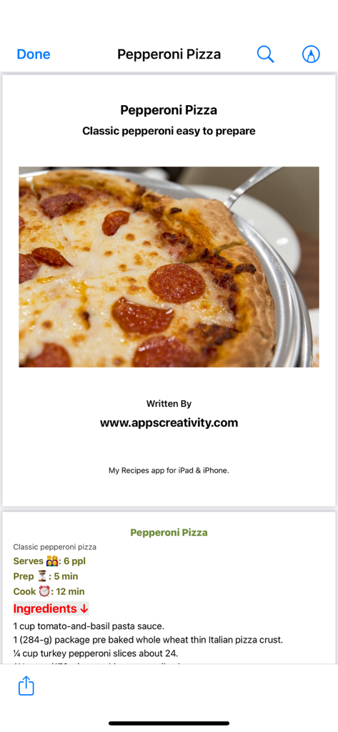 My Recipes: Create and Share - Eine Rezeptseite für Pepperoni-Pizza in der Meine Rezepte App, die ein Bild, eine Zutatenliste und Kochzeiten anzeigt.
