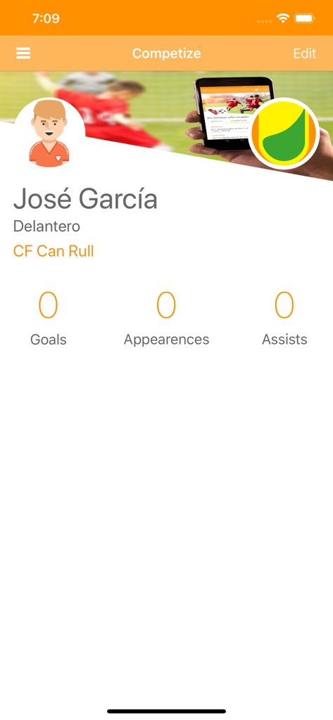 Competize Tournaments, Leagues - Pantalla de perfil de jugador de la aplicación móvil con estadísticas deportivas de goles, apariciones y asistencias