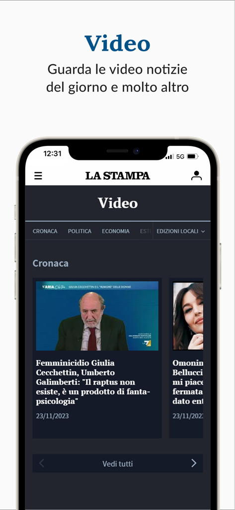 La Stampa. Notizie e Inchieste - Captura de tela do aplicativo móvel La Stampa exibindo a seção de notícias em vídeo com categorias como política e economia.