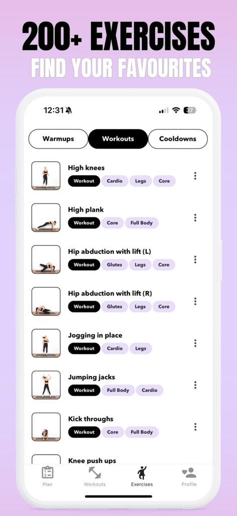Lose Belly Fat Workout At Home - Interface of the Lose Belly Fat app for women showing a list of 200 plus exercises including high knees jumping jacks and planks