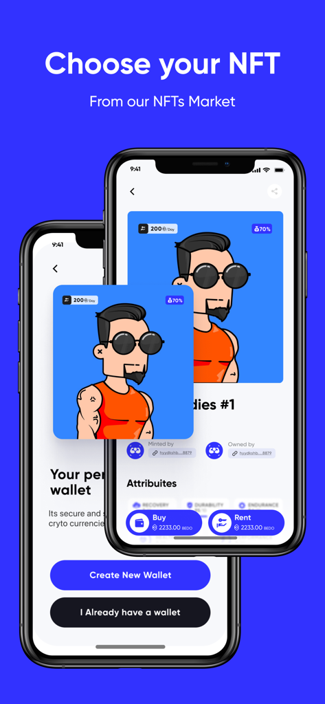 Mobile app interface showing the iTrainer NFT marketplace and digital wallet options.