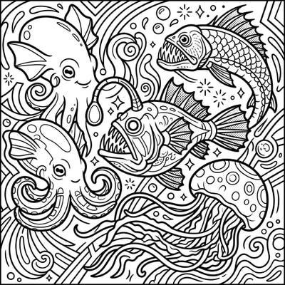 Explore the mysterious depths of the ocean with this dynamic Pop Art Deep Sea Creatures coloring page. Featuring fascinating creatures and bold lines, it promises a uniquely engaging artistic experience for all ages.