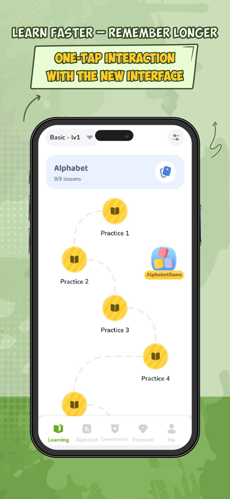 Interfaccia dell'app mobile HeyJapan che mostra un percorso di apprendimento gamificato per l'alfabeto giapponese