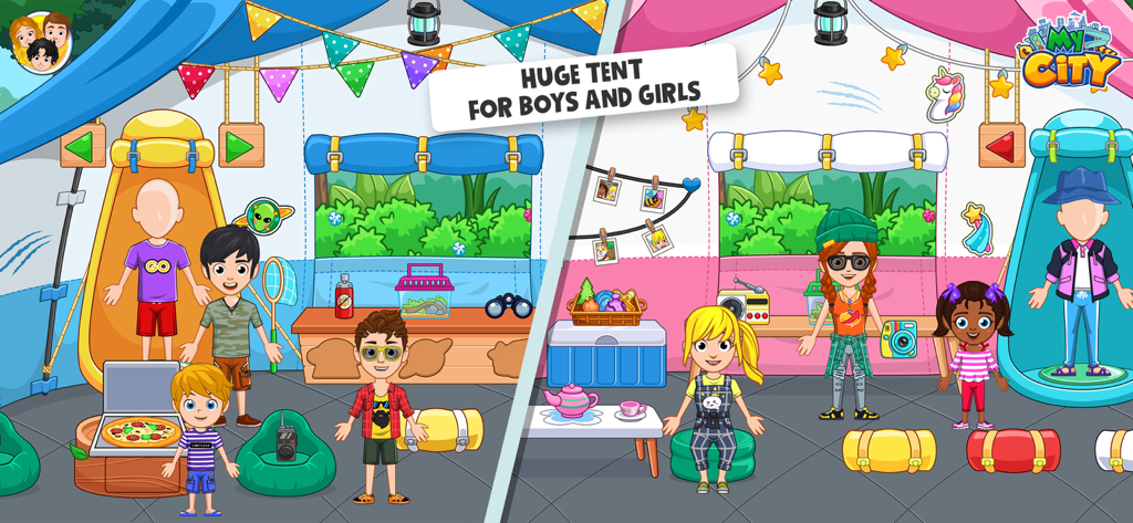 My City:Wildlife fun Adventure - Personaggi bambini che giocano di ruolo all'interno di una grande tenda da campeggio colorata con sacchi a pelo e giocattoli.