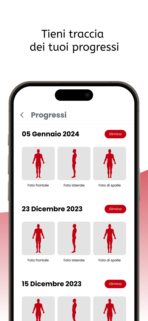 CoachPlus - Interfaccia dell'app mobile CoachPlus che mostra una galleria di foto dei progressi dei clienti, incluse viste frontali, laterali e posteriori organizzate per data.