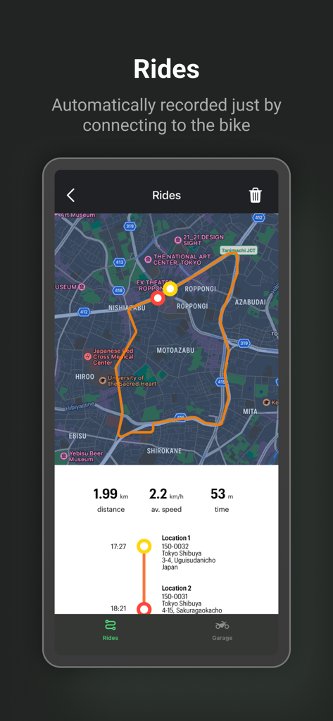 Screenshot dell'app Honda RoadSync che mostra un viaggio in moto registrato con mappa e dati del viaggio.