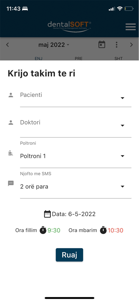 DentalSoft - Interfaz móvil de la aplicación DentalSoft que muestra el formulario para crear una nueva cita dental con campos para paciente, doctor y hora