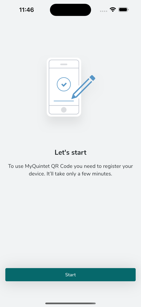 myQuintet QR Code - Registration welcome screen for the myQuintet QR Code authentication app