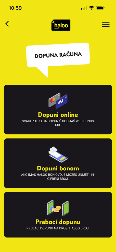 Moj haloo - Oberfläche der Moj haloo App mit verschiedenen Optionen zur Aufladung des Kontoguthabens, einschließlich Online-Zahlung und Gutschein.