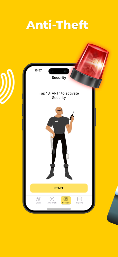 Clap Detector app security interface for anti-theft protection featuring a start button and security guard illustration