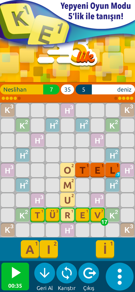 Capture d'écran du jeu de mots turc Kelimelik montrant un plateau de jeu en mode 5lik