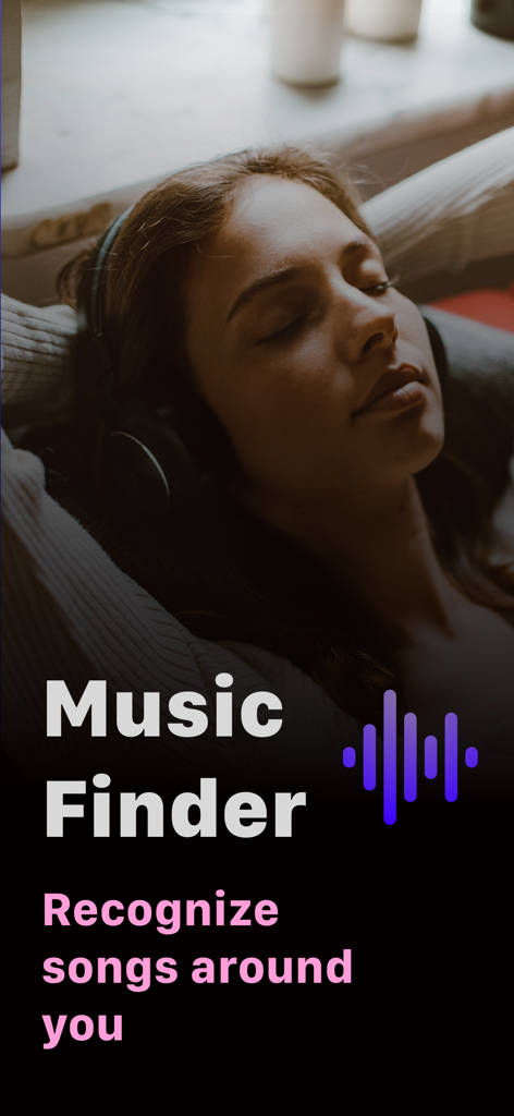 A woman wearing headphones listening to music with the text Music Finder Recognize songs around you