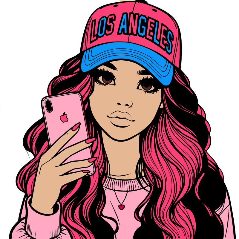realistic beautiful girl wearing los ángeles cap holding an iphone