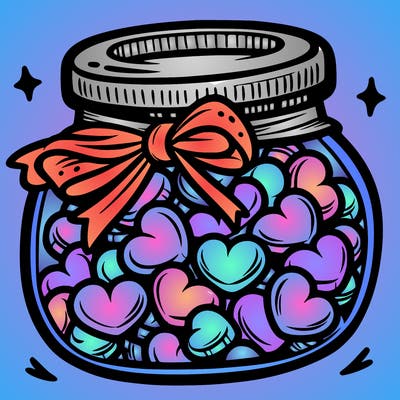 a jar filled with heart-shaped candies and a ribbon around the neck.