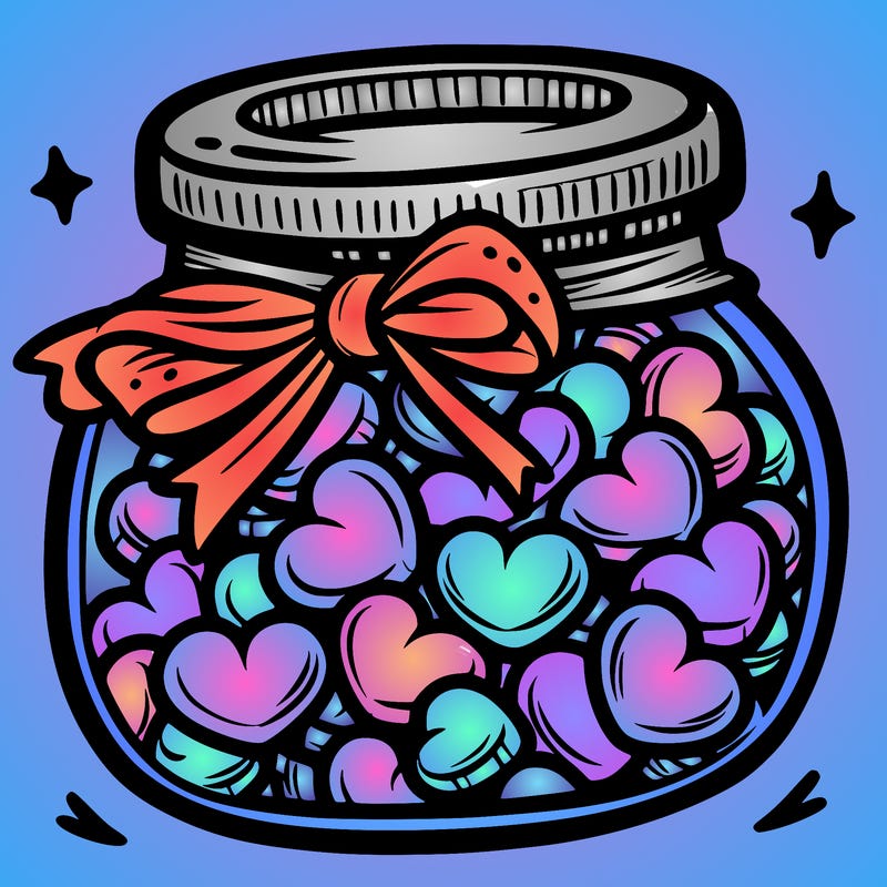 a jar filled with heart-shaped candies and a ribbon around the neck.