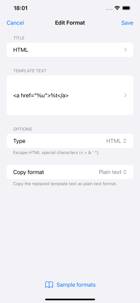 Copy as Link - 사용자 지정 HTML 링크 템플릿을 만들기 위한 링크로 복사하기 앱의 형식 편집 인터페이스