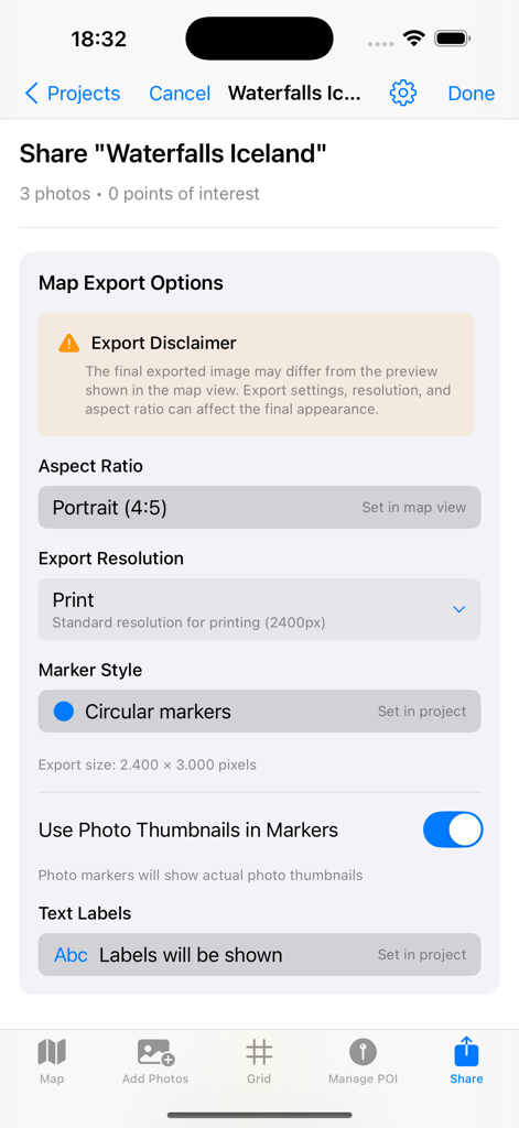 TravelMapped - Pantalla de opciones de exportación del mapa en la aplicación TravelMapped que muestra configuraciones para la relación de aspecto, resolución, estilo del marcador y miniaturas de fotos.