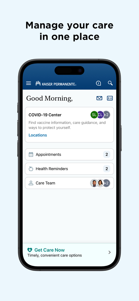 My Doctor Online (NCAL Only) - Home screen of the My Doctor Online app by Kaiser Permanente showing healthcare management features like appointments and health reminders.
