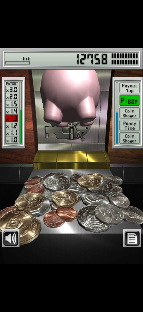 Gameplay screen of Money Pusher USD featuring a large pink piggy bank and realistic US coins on a mechanical pusher platform