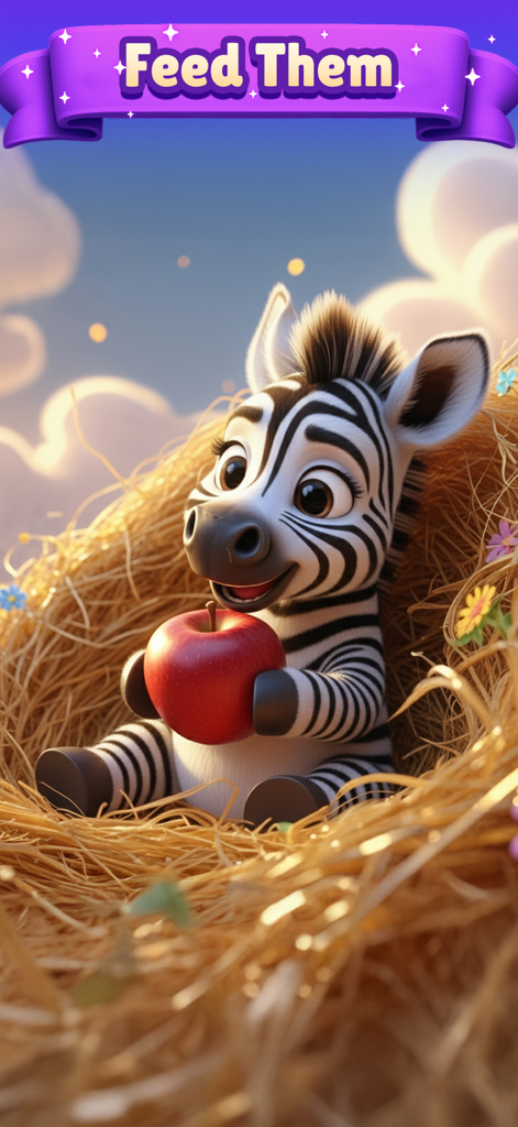 A cute baby zebra sitting in a nest holding a red apple with a Feed Them banner