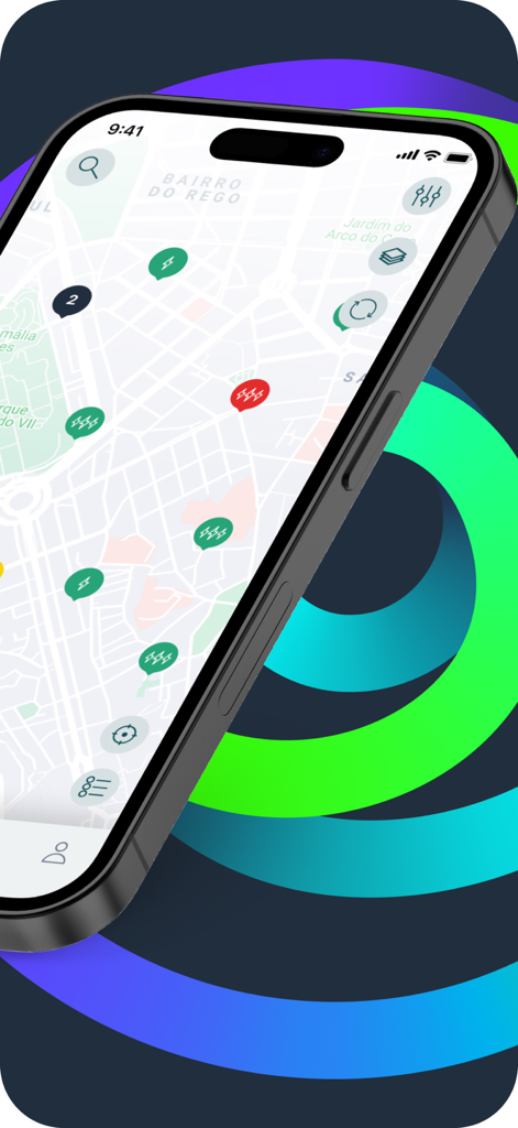 EDP Charge - A aplicação EDP Charge mostra um mapa com locais e disponibilidade de estações de carregamento de veículos elétricos.