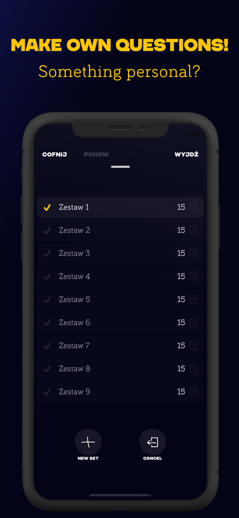 Quizado - Interface of the Quizado app showing the option to create and manage custom question sets for personalized trivia games.