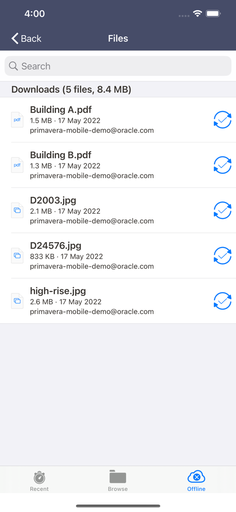 Oracle Primavera Cloud - Oracle Primavera Cloud 오프라인 파일 관리 화면, 다운로드된 프로젝트 문서 표시