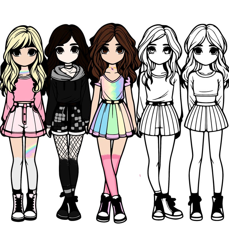 group of 6 realistic girls in a row