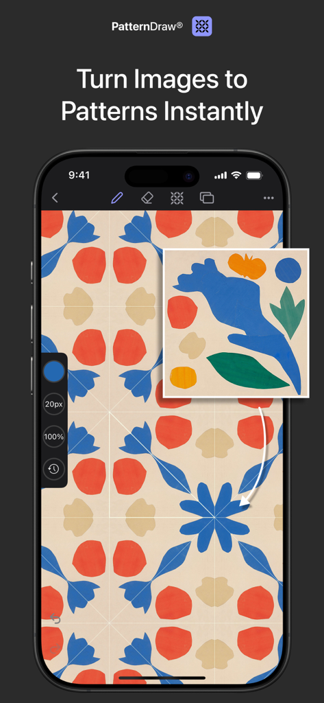 Smartphone screen showing PatternDraw app turning a single drawing into a seamless repeating floral pattern