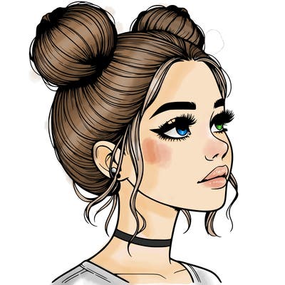 realistic girl with buns on the top of her head
