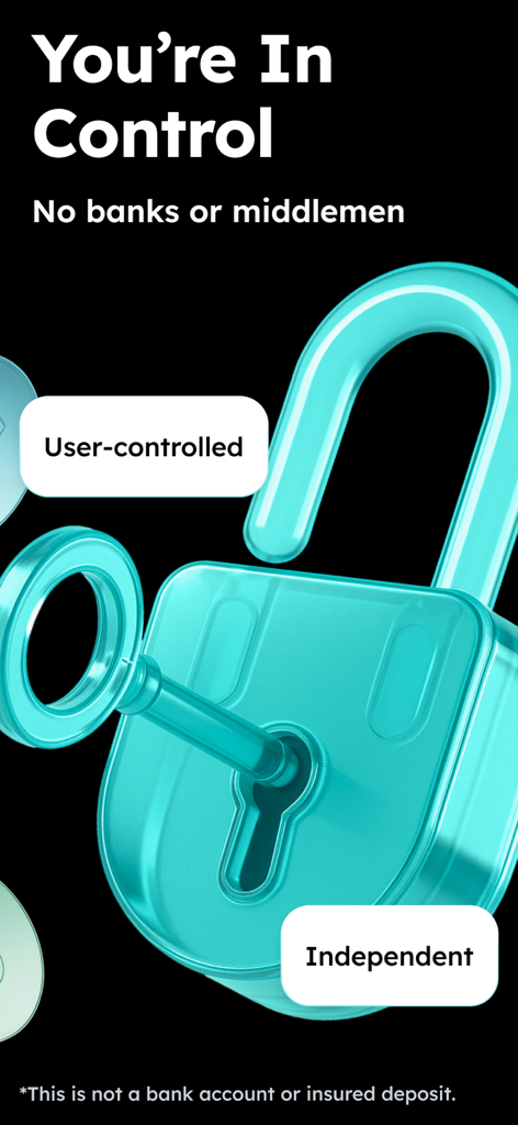 Zeal: Digital Wallet & Card - Grafica di un lucchetto turchese e una chiave per il portafoglio digitale Zeal che enfatizza il controllo dell'utente e l'indipendenza finanziaria.