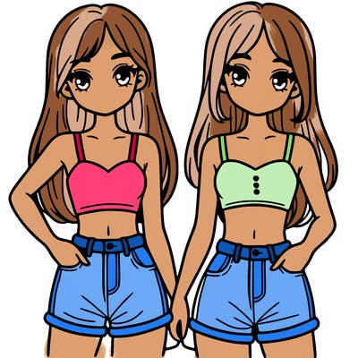 two sisters with crop tops and jean shorts and straight hair