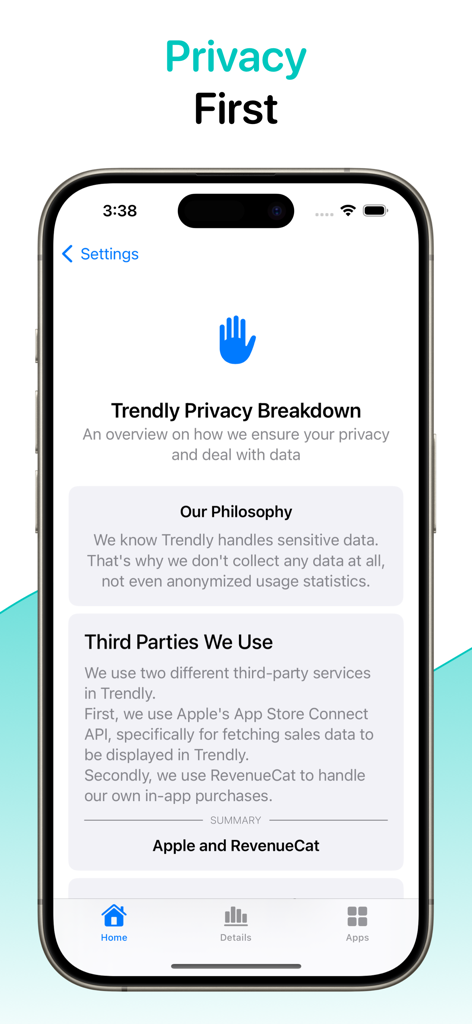 Trendly: App Sales - Trendly App-Bildschirm, der die Datenschutzerklärung und die Philosophie der Datensicherheit zeigt