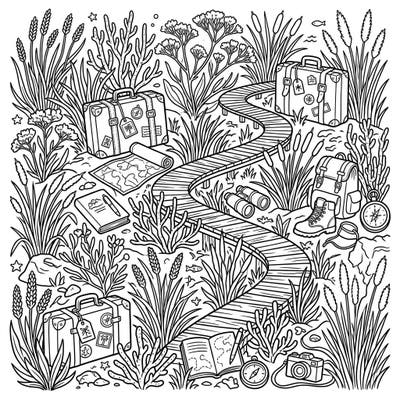 Embark on an artistic journey through a vibrant saltmarsh, where lush plants meet exciting vacation essentials. This captivating coloring page is perfect for nature lovers and travel enthusiasts seeking a serene escape.