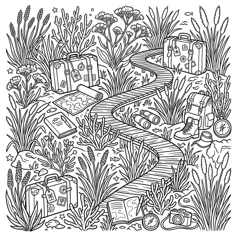 Embark on an artistic journey through a vibrant saltmarsh, where lush plants meet exciting vacation essentials. This captivating coloring page is perfect for nature lovers and travel enthusiasts seeking a serene escape.